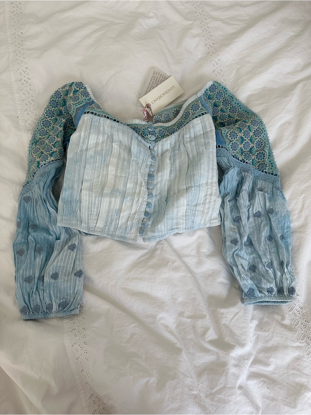 LoveShackFancy Light Blue Embroidered Puff-Sleeve Crop Top